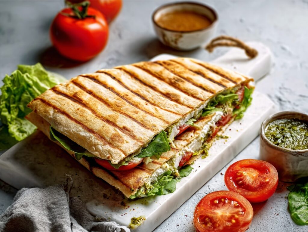 grilled vegetable and cheese panini made with cottage cheese flatbread on marble board