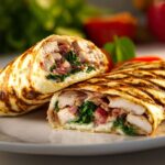 grilled chicken and spinach wrap made with cottage cheese flatbread on white plate
