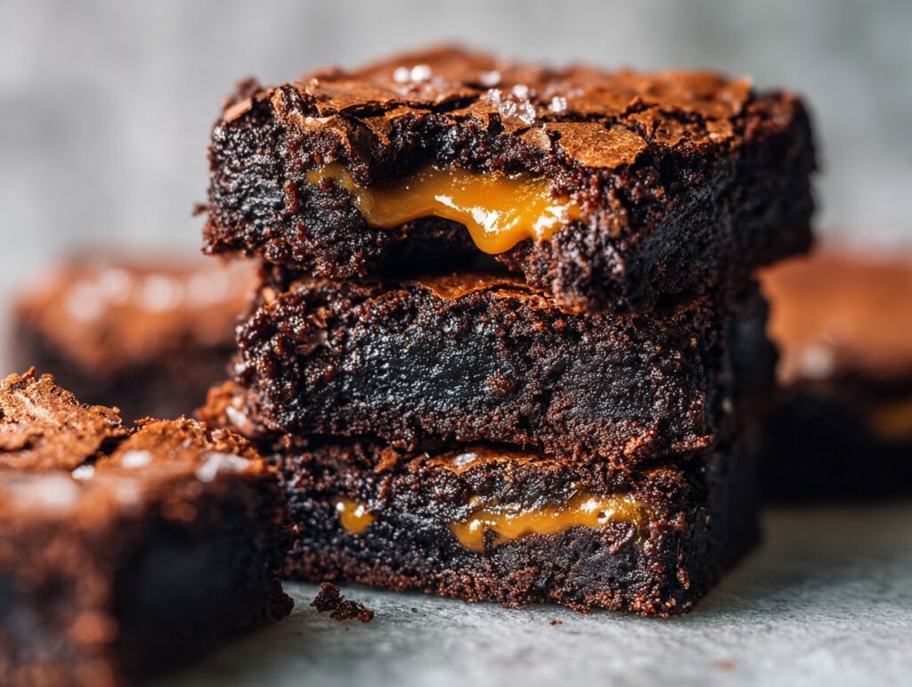 stack of fudgy salted caramel brownies with gooey chocolate center