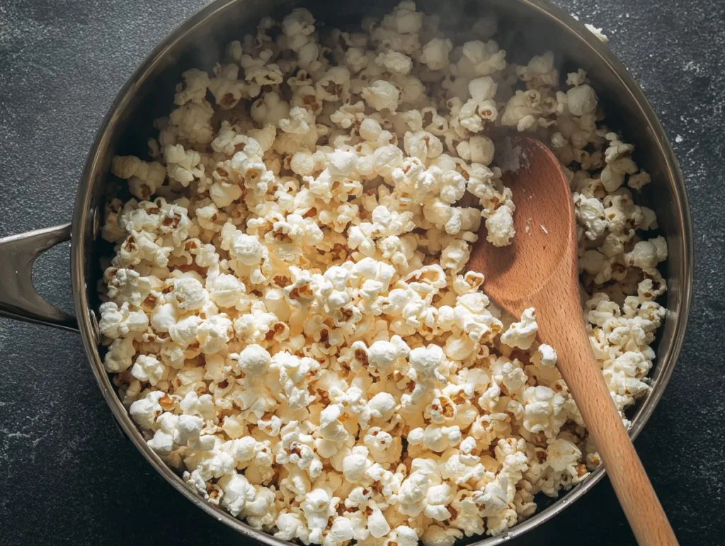 2-Ingredient Protein Popcorn (Crispy, Easy, and High-Protein!) 6 Protein popcorn being stirred in saucepan with wooden spoon