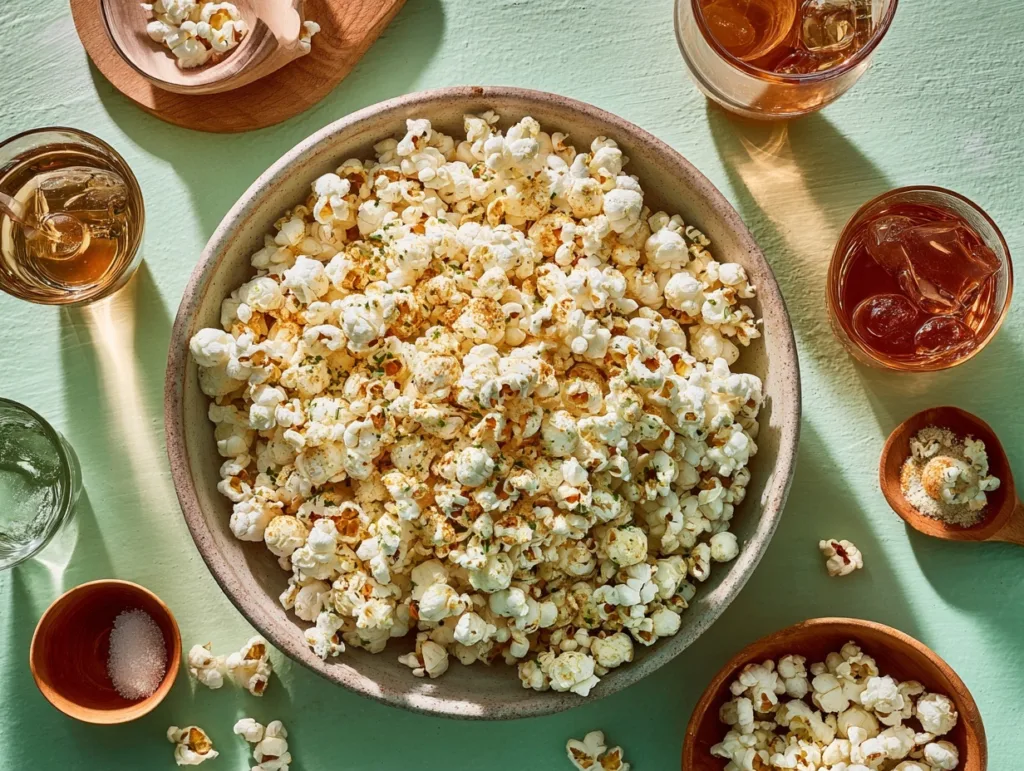 2-Ingredient Protein Popcorn (Crispy, Easy, and High-Protein!) 8 Bowl of savory protein popcorn with drinks and sides on table