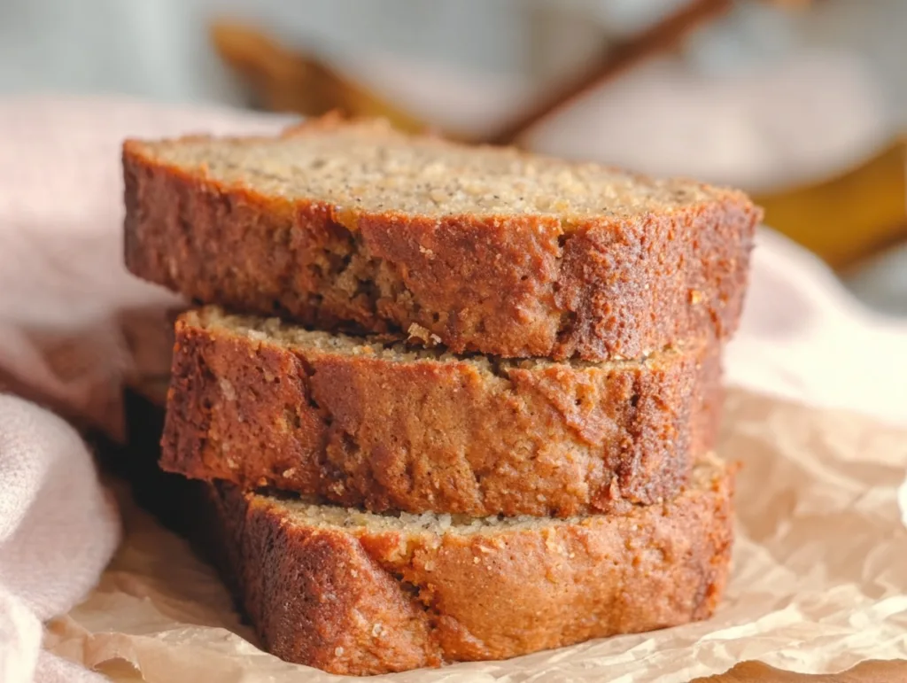 Close-up of moist protein banana bread slices stacked on parchment
