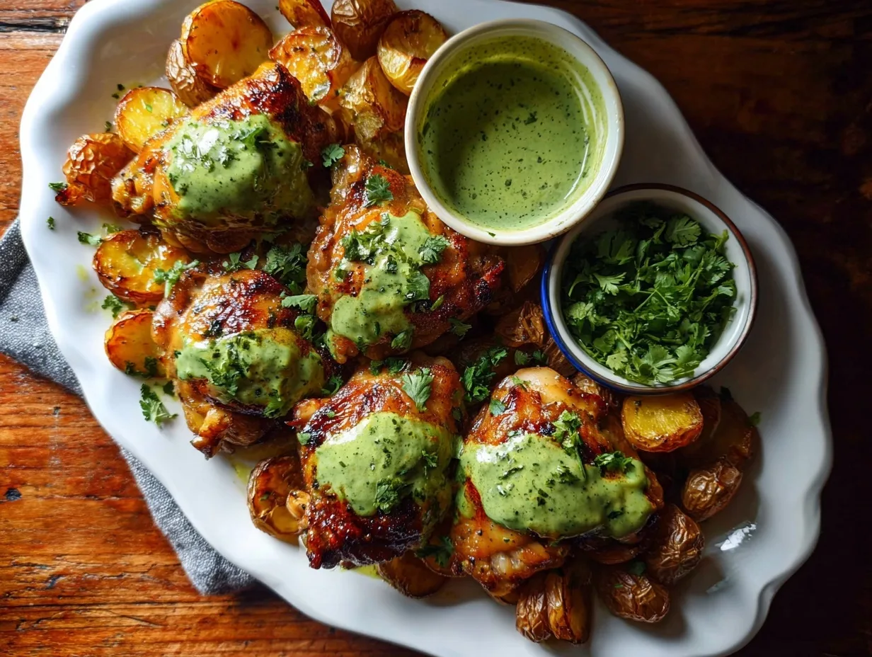 Home 7 Peruvian chicken with green aji verde sauce served on a white platter