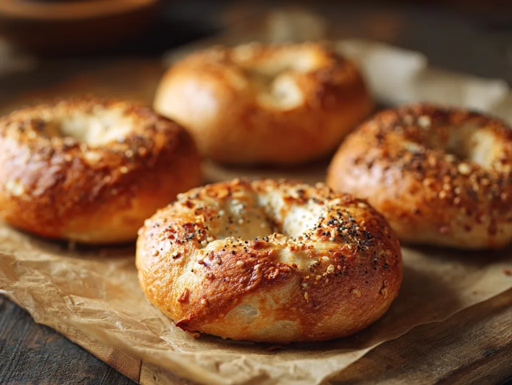 Golden baked protein bagels on parchment, rustic high-protein recipe
