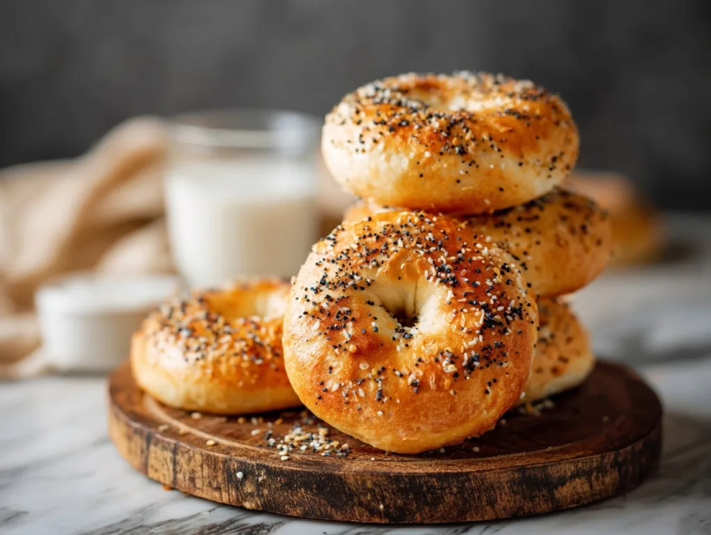 Stack of golden protein bagels with milk in background, high-protein breakfast