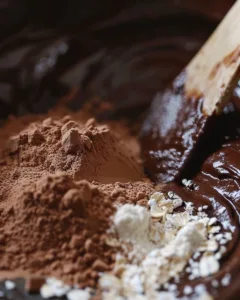 Cocoa powder and oat flour being mixed into Greek yogurt brownie batter