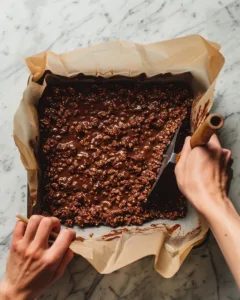 Spreading chocolate puffed rice mixture into a parchment-lined baking pan