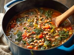 5-Ingredient Black Eyed Pea Soup – Simple & Powerful Comfort 14 Black eyed pea soup with greens simmering in blue Dutch oven