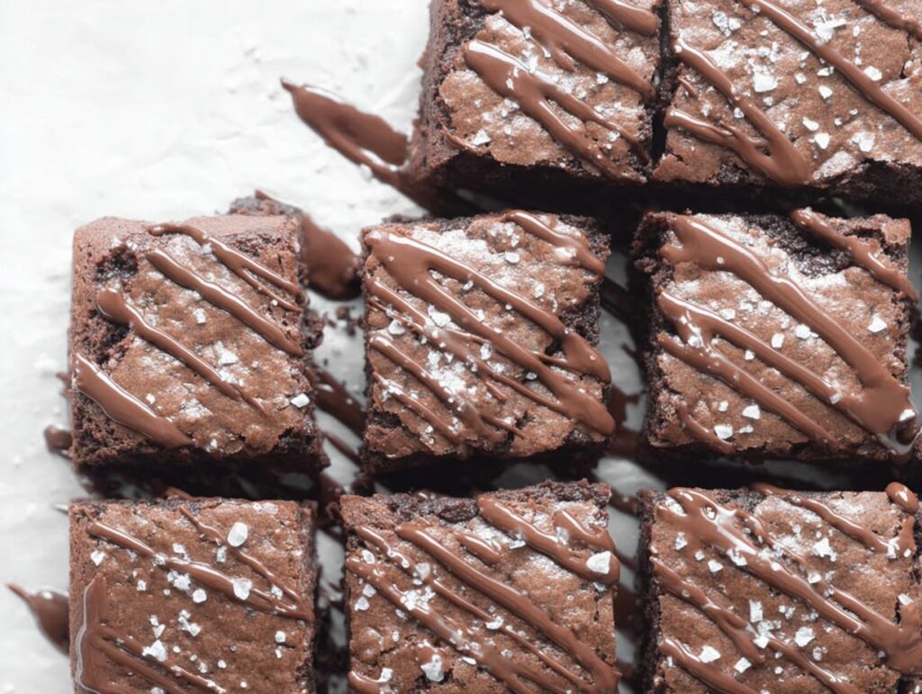 Bright overhead view of chocolate protein brownies with sea salt drizzle