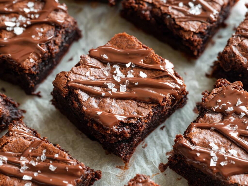 Fudgy protein brownies topped with chocolate drizzle and sea salt