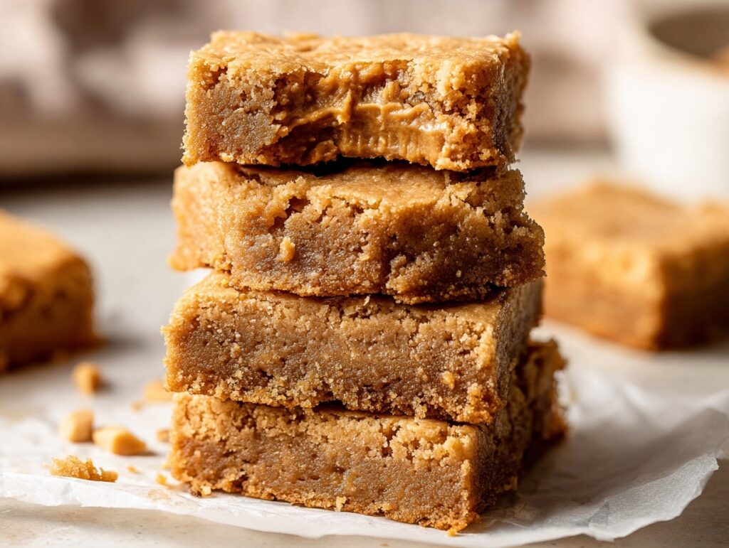 Stack of chewy peanut butter cookie bars with one bitten piece