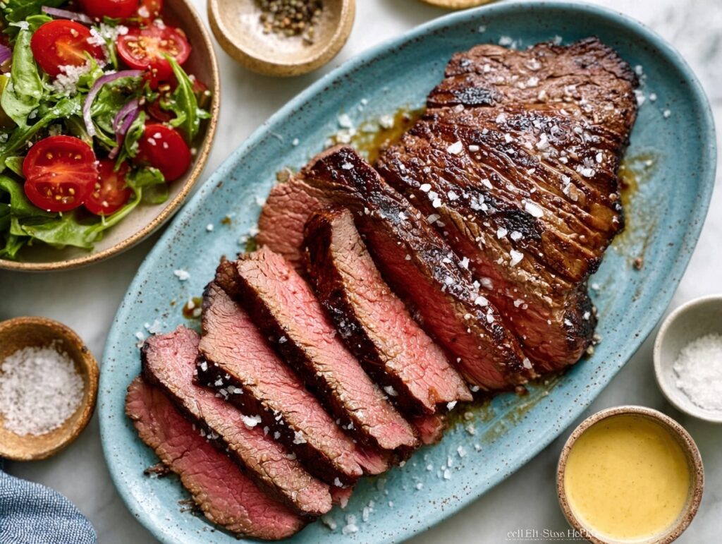 5-Ingredient Air Fryer Tri Tip – Juicy, Simple & Protein-Packed! 7 Air fryer tri tip sliced on blue plate with salad and sea salt