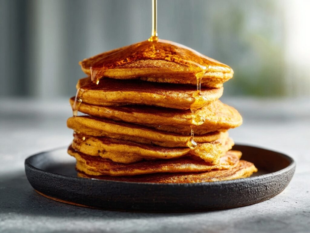 golden stack of high protein pumpkin pancakes with syrup drizzle