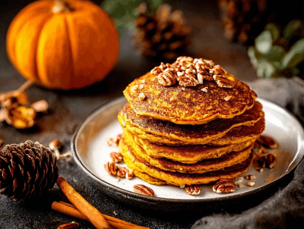 stack of high protein pumpkin pancakes with pecans and autumn decor