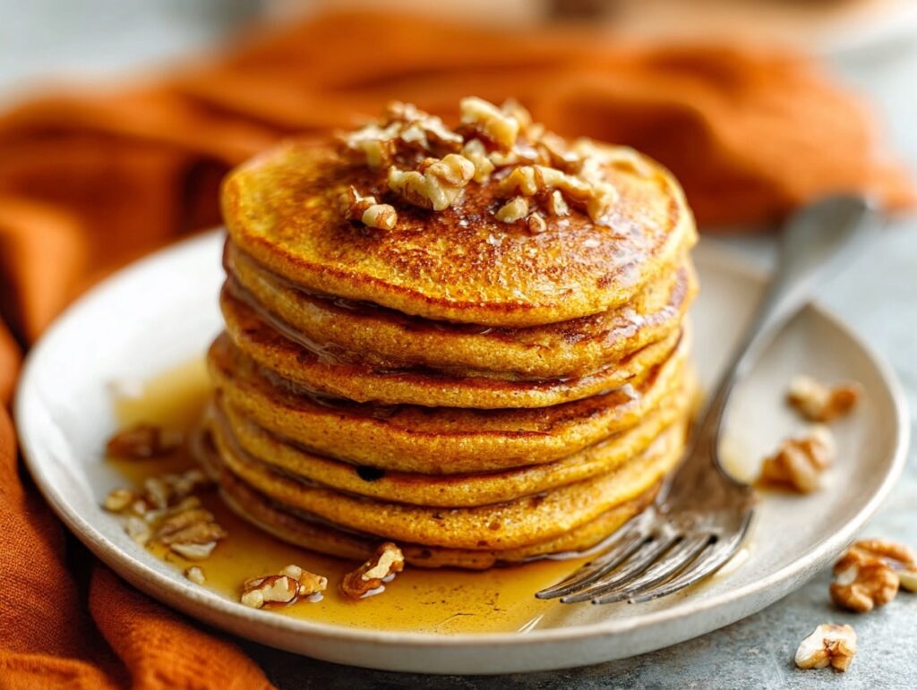 fluffy high protein pumpkin pancakes with walnuts and maple syrup