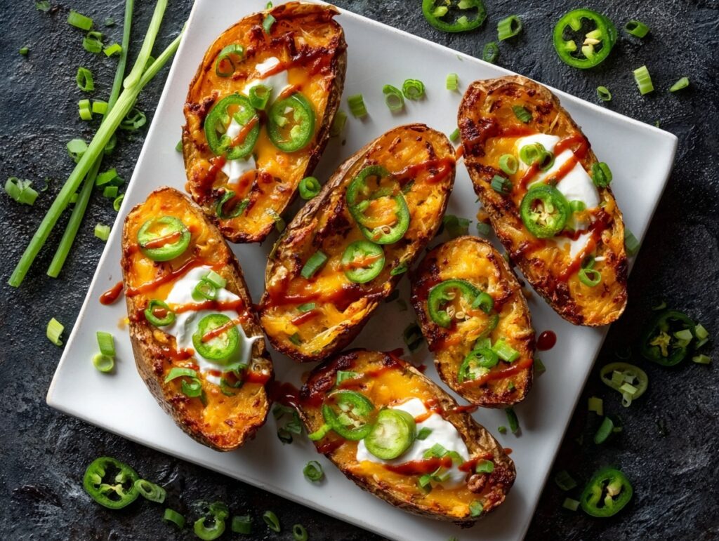 spicy air fryer potato skins with jalapeños, cheese, and sour cream