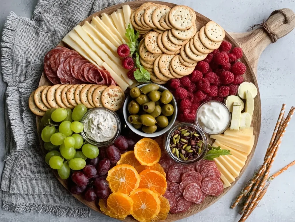 Budget-friendly charcuterie snack board with cheese, fruit, and dips on a rustic surface