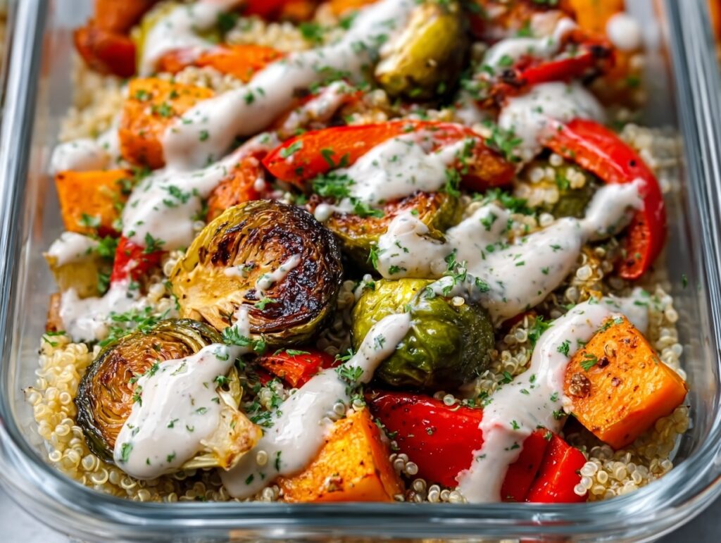 5-Ingredient Roasted Veggie & Quinoa Bowls (High-Protein, Meal Prep Friendly) 7 Roasted veggie quinoa meal prep bowl with tahini dressing