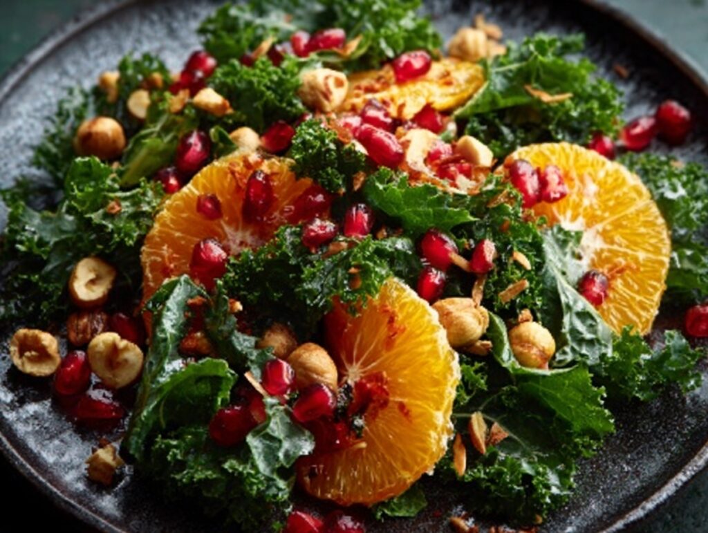 Winter Citrus & Kale Salad That’ll Power Your Day – Fresh, Fast, and Protein-Packed 7 Kale salad with oranges, pomegranate, and hazelnuts on dark plate