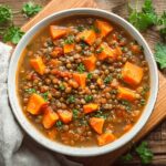 High-protein lentil and sweet potato stew garnished with parsley