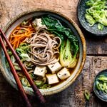 Ginger miso noodle soup with tofu, bok choy, and carrots