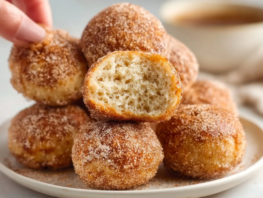 5-Ingredient High-Protein Banana Donut Holes 4 close-up of high protein banana donut holes coated in cinnamon sugar