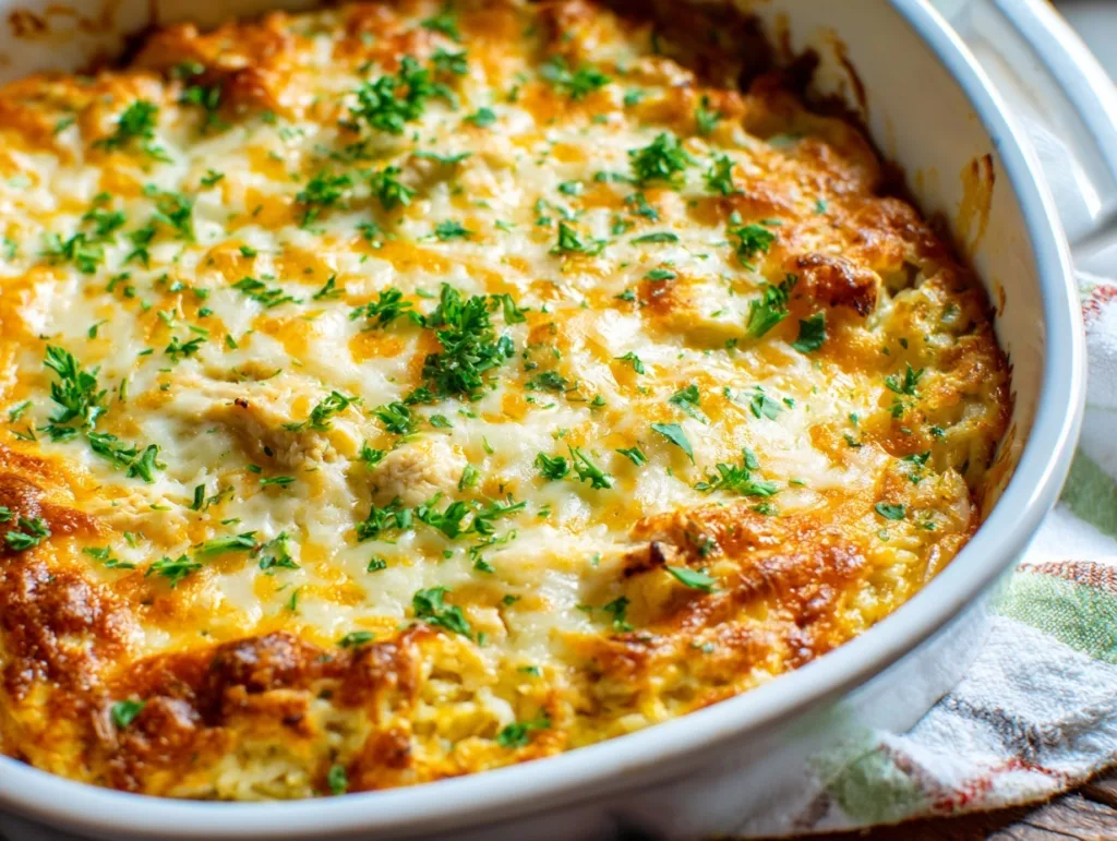 3-Ingredient Cheesy Chicken Rice Bake (Creamy & Budget-Friendly!) 4 Cheesy chicken rice casserole with golden melted cheese and parsley in a white baking dish