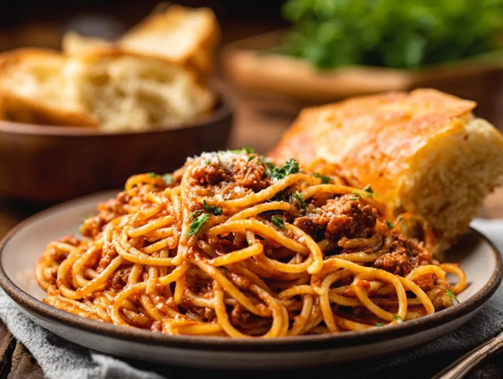Plate of one-pot spaghetti with ground beef served with garlic bread