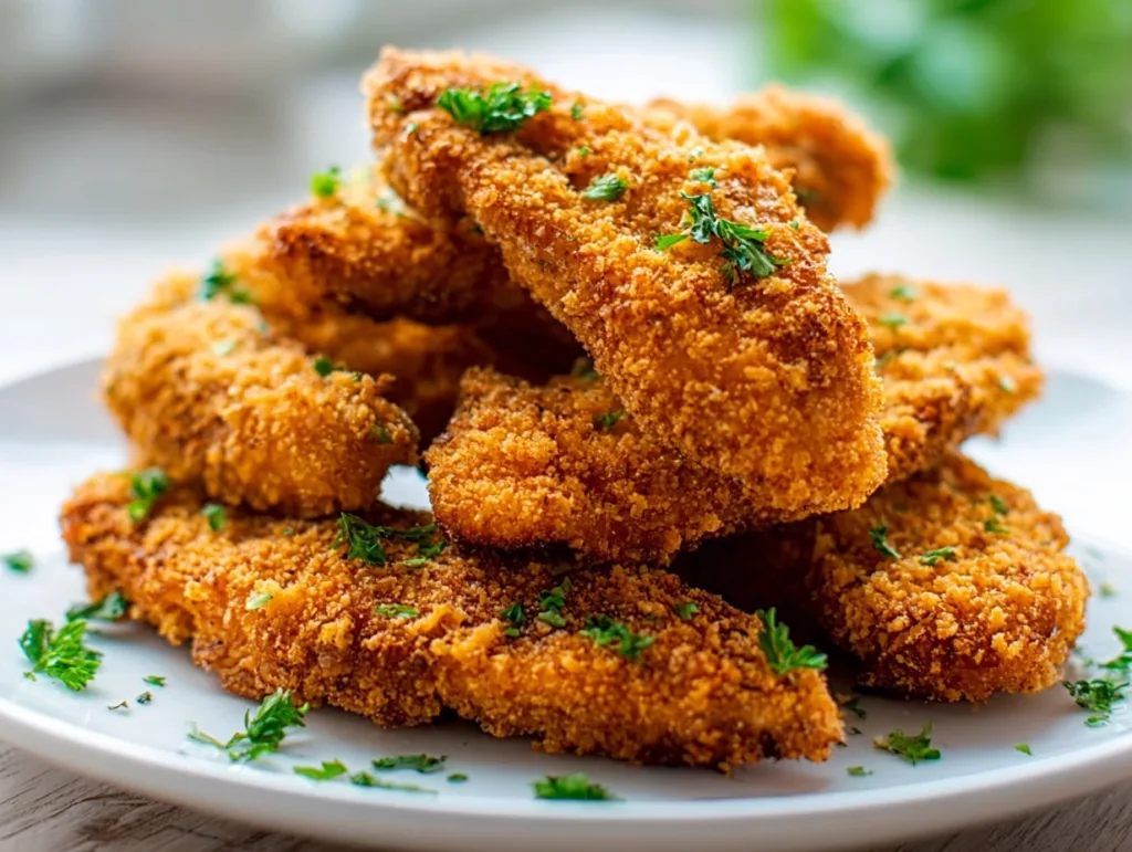 Crispy Baked Chicken Tenders – Just 5 Ingredients & 25 Minutes! 2 Crispy baked chicken tenders with parsley on a white plate