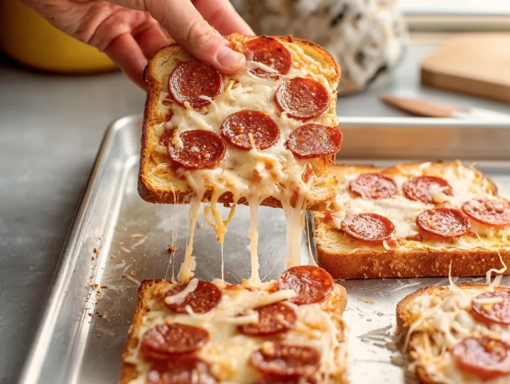 hand lifting cheesy budget pizza toast with pepperoni from baking tray