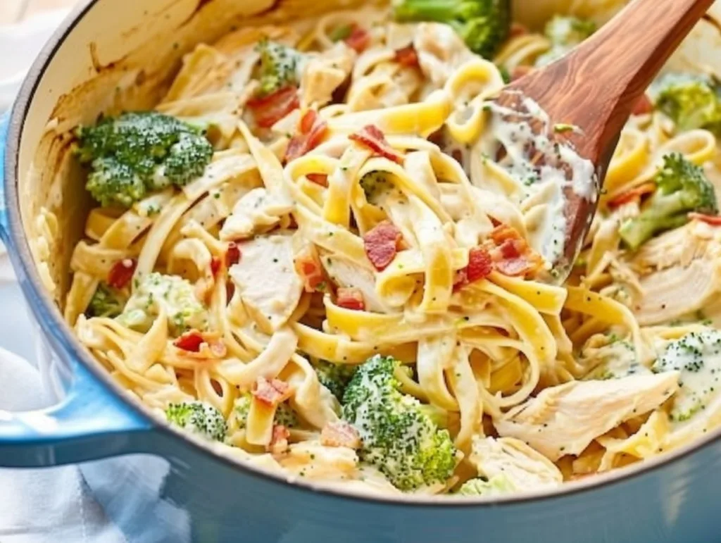 One-pot chicken Alfredo pasta with broccoli and bacon in creamy Parmesan sauce