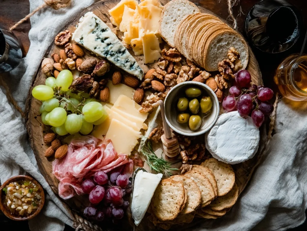 Modern charcuterie board with cheese, olives, and jam on marble surface