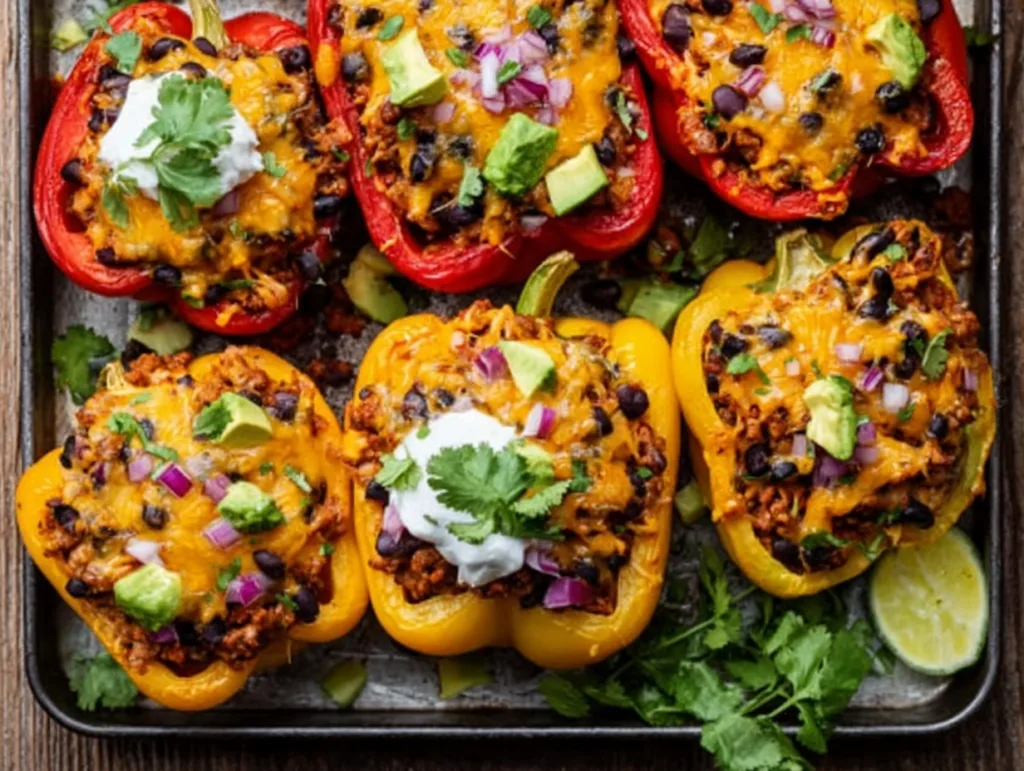 5-Ingredient Turkey & Veggie Stuffed Peppers (High-Protein Dinner in 30 Minutes) 3 baked turkey and veggie stuffed peppers topped with cheese and avocado