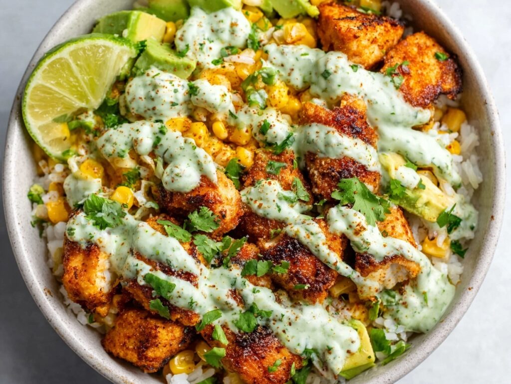 30-Minute Street Corn Chicken Rice Bowl 8 Street corn chicken rice bowl with cilantro lime sauce and avocado