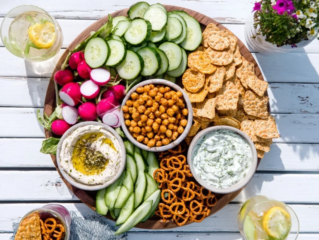 Budget-friendly snack board with dips, veggies, and crunchy crackers on a white table