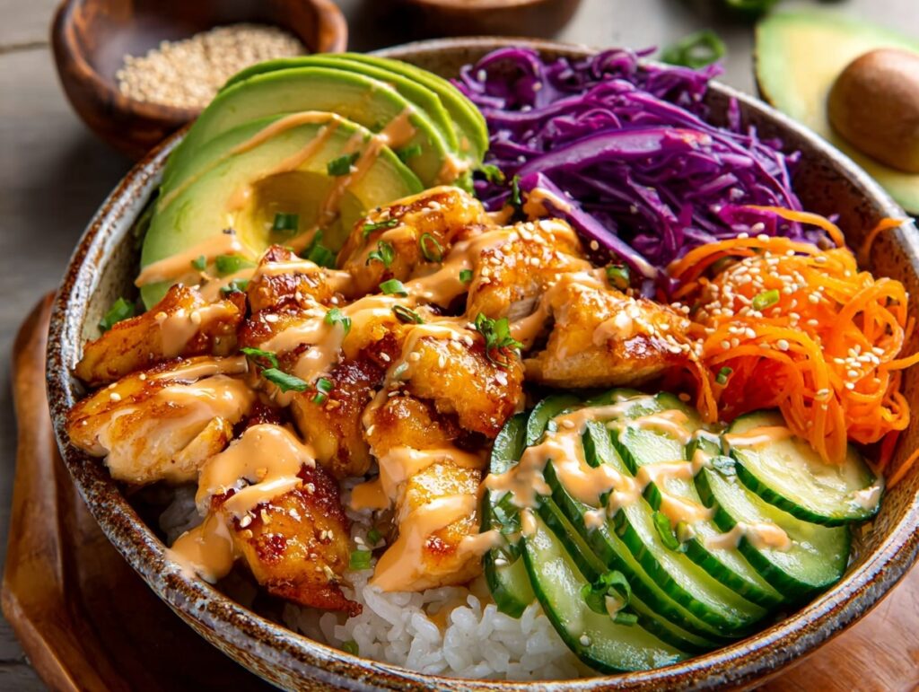 5-Step Bang Bang Chicken Bowl Recipe (High-Protein Meal Prep) 5 Bang Bang Chicken Bowl with avocado, cabbage, carrots, and spicy sauce