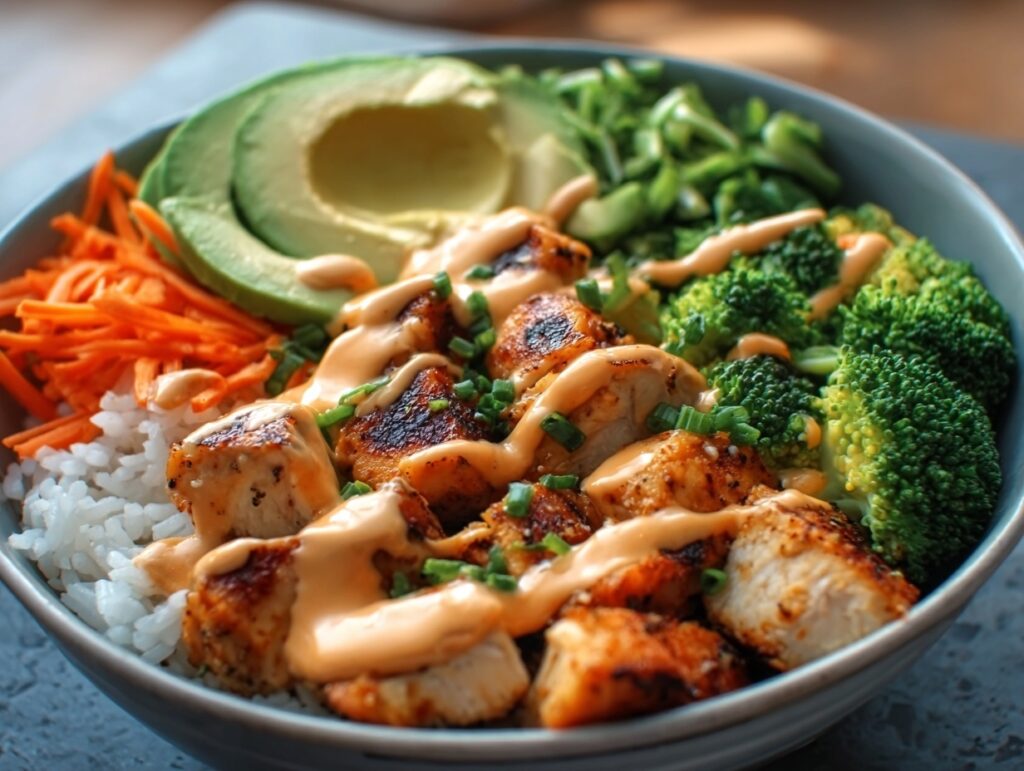5-Step Bang Bang Chicken Bowl Recipe (High-Protein Meal Prep) 3 Bang Bang Chicken Bowl with avocado, broccoli, carrots, and creamy spicy sauce