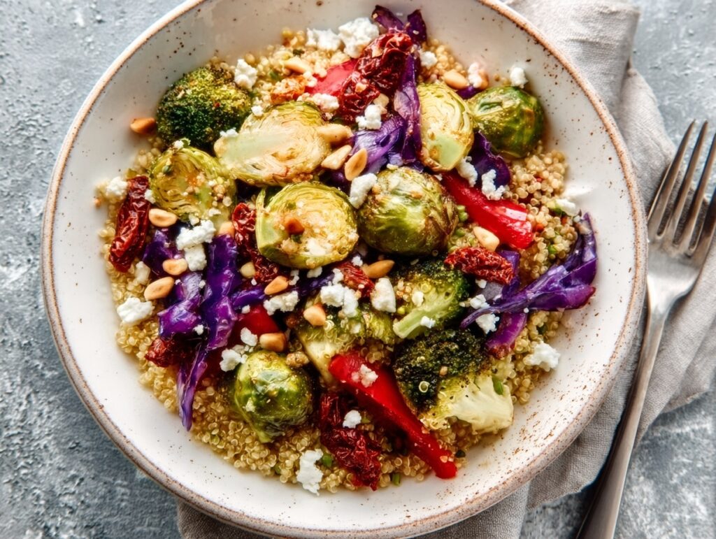 5-Ingredient Roasted Veggie & Quinoa Bowls (High-Protein, Meal Prep Friendly) 6 Roasted Veggie & Quinoa Bowls with broccoli, cabbage, and feta cheese