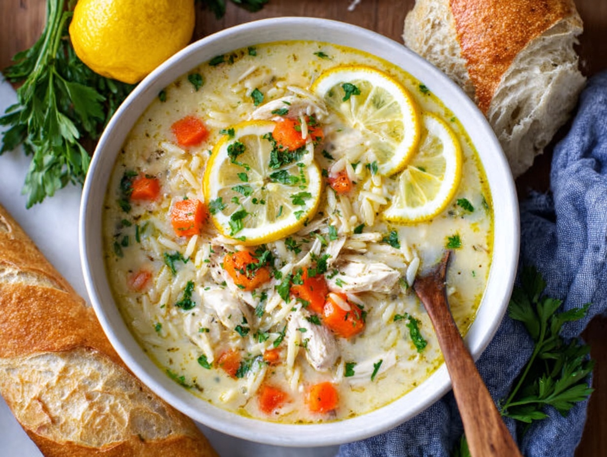 chicken lemon orzo soup with carrots and lemon slices in creamy broth