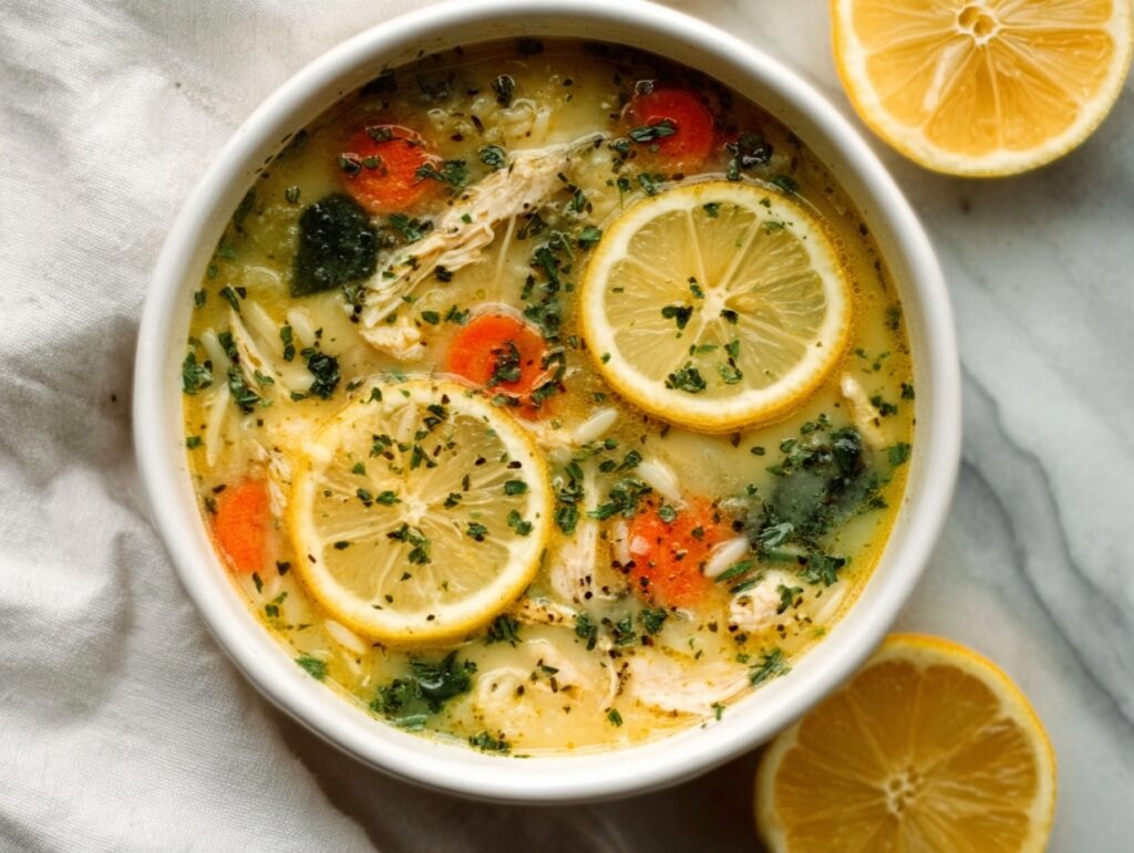 chicken lemon orzo soup with sliced lemon and carrots in golden broth
