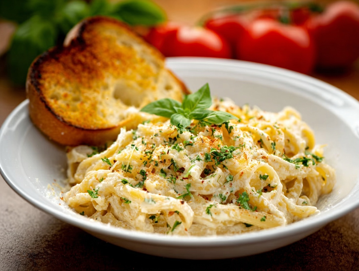 creamy cauliflower alfredo pasta with garlic bread and basil garnish