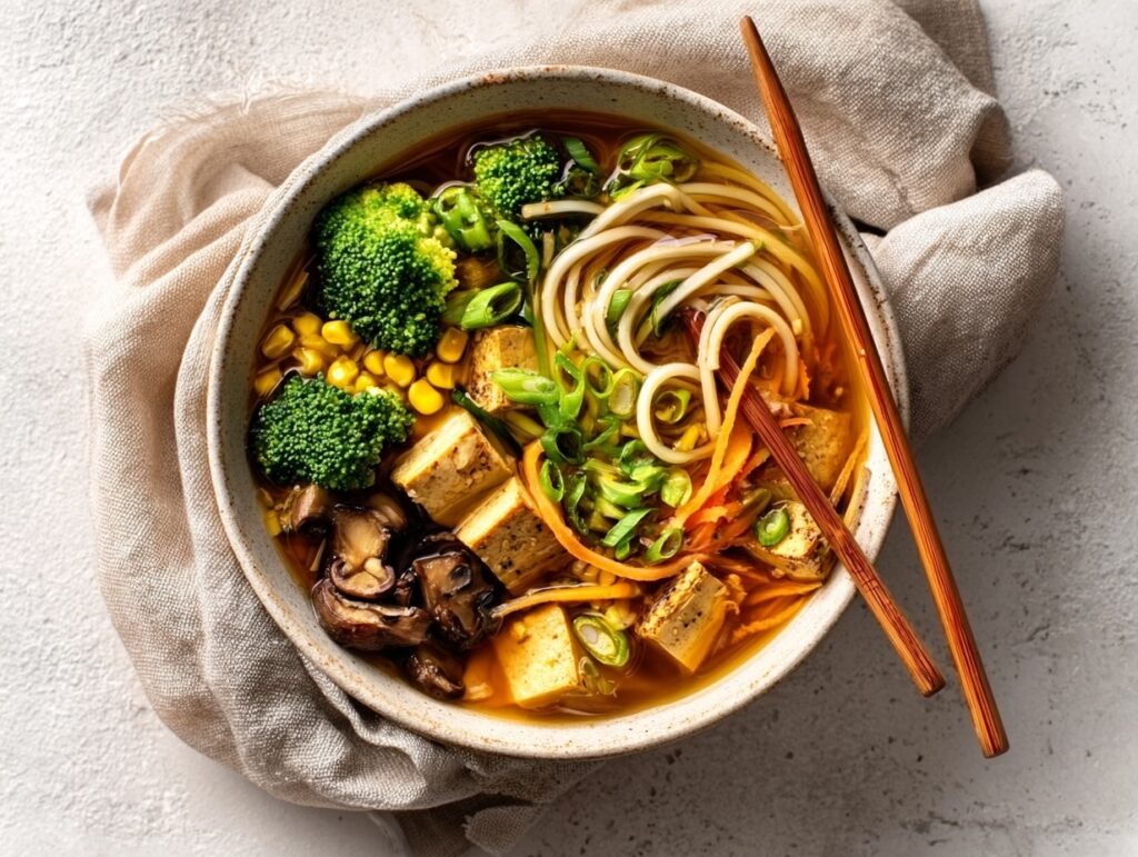 Vegetarian ginger miso noodle soup with tofu and broccoli