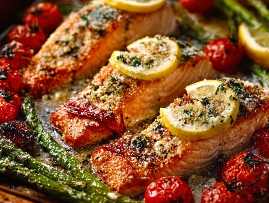baked salmon with lemon and garlic butter on sheet pan