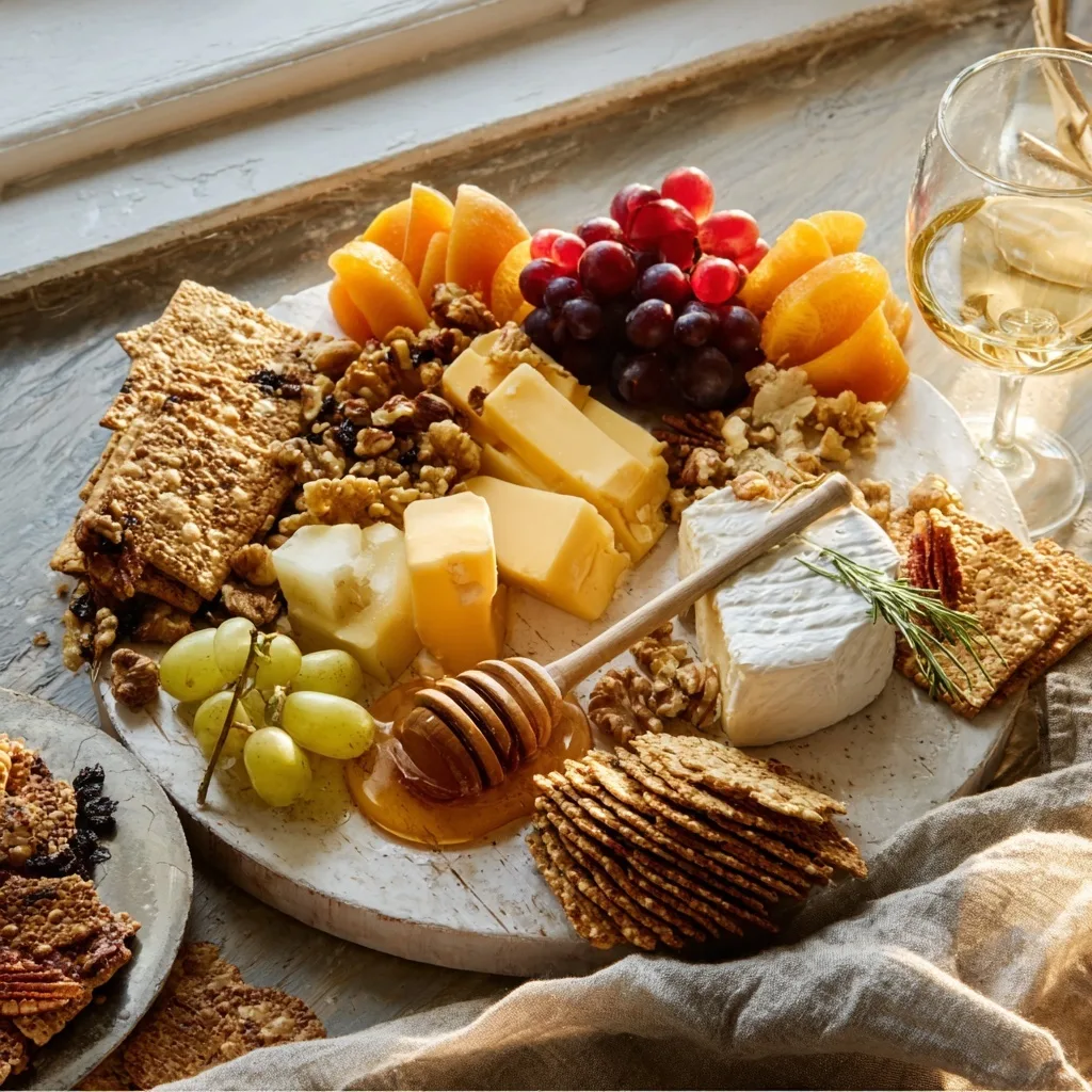 Rustic charcuterie board with cheese, fruit, and honey in natural light