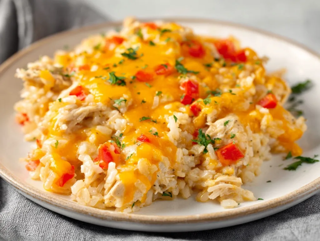 3-Ingredient Cheesy Chicken Rice Bake (Creamy & Budget-Friendly!) 3 Cheesy chicken rice bake with melted cheddar and red peppers on a plate