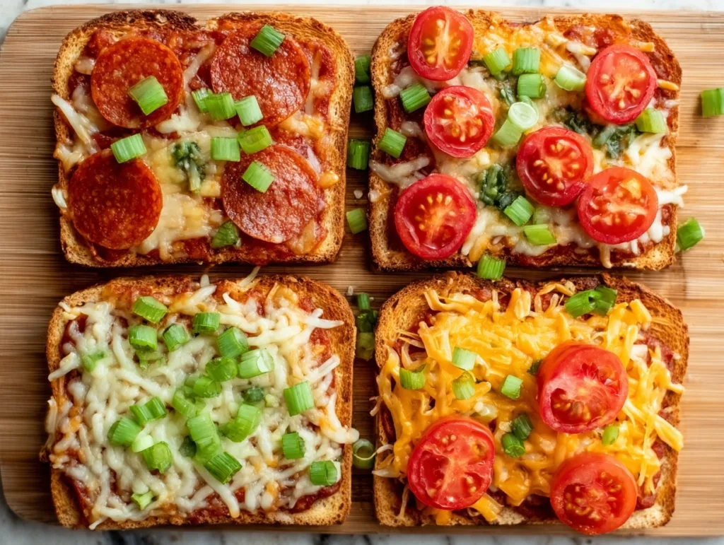 four budget pizza toasts topped with cheese, pepperoni, and tomatoes on wooden board