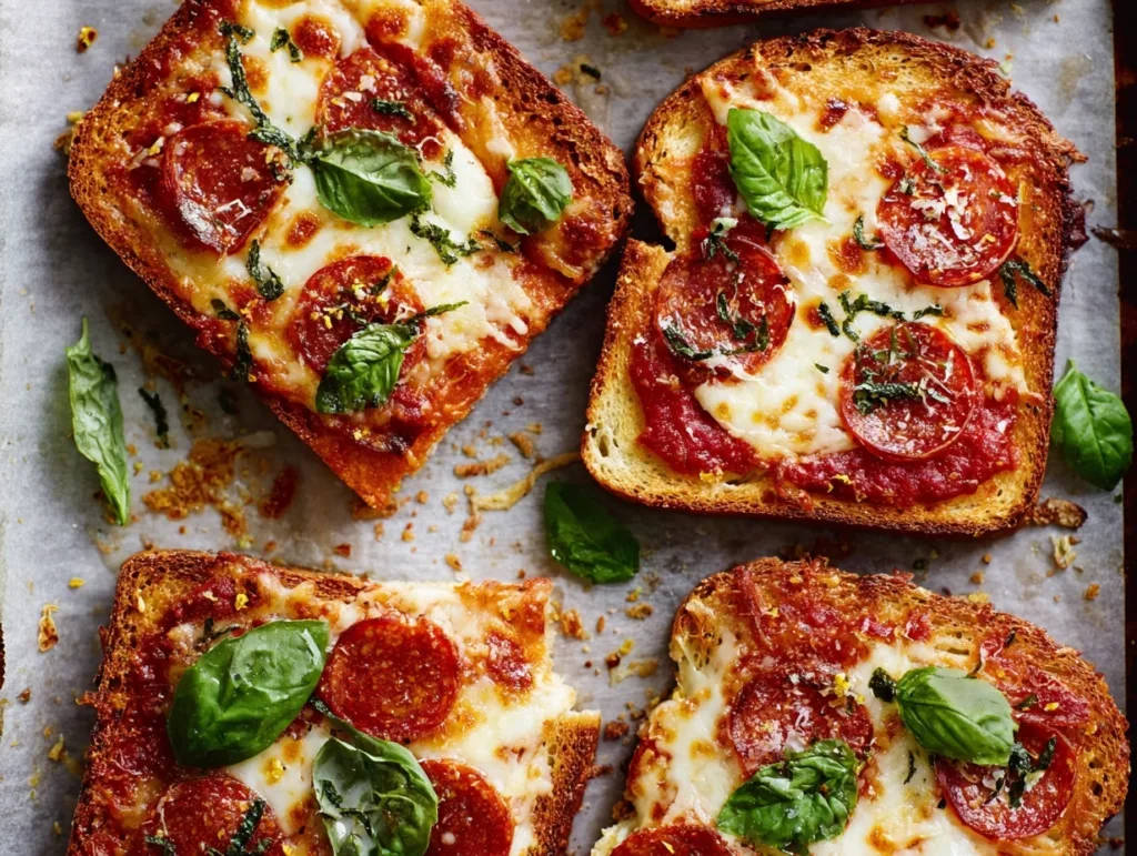 crispy budget pizza toasts with pepperoni, mozzarella, and basil on baking tray
