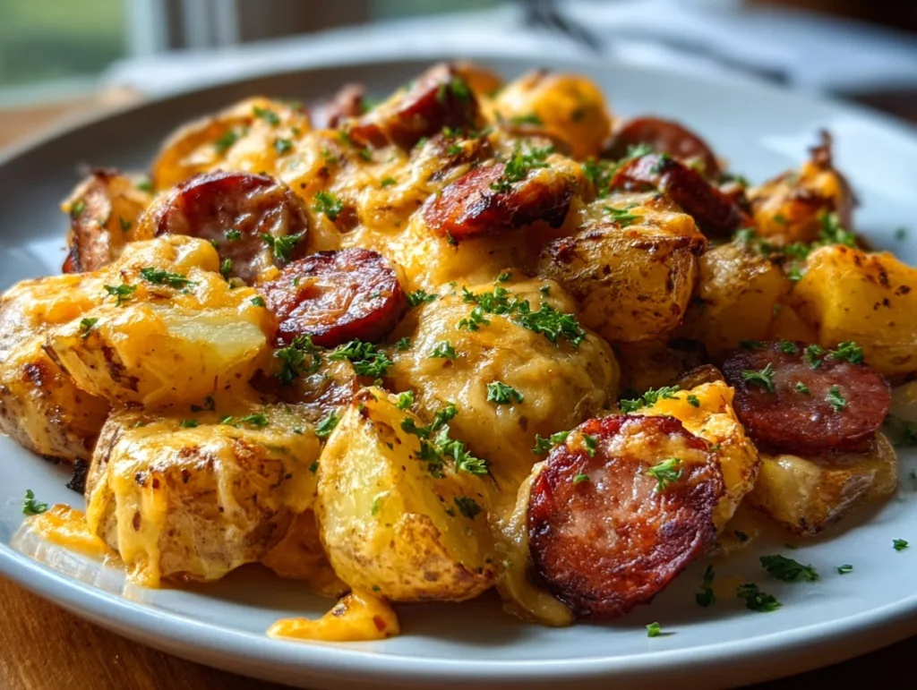 Cheesy ranch potatoes and smoked sausage on a white plate