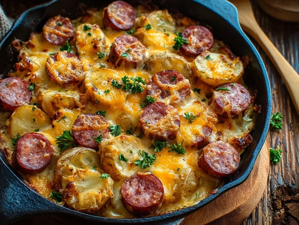 Cheesy ranch potatoes and smoked sausage baked in cast-iron skillet