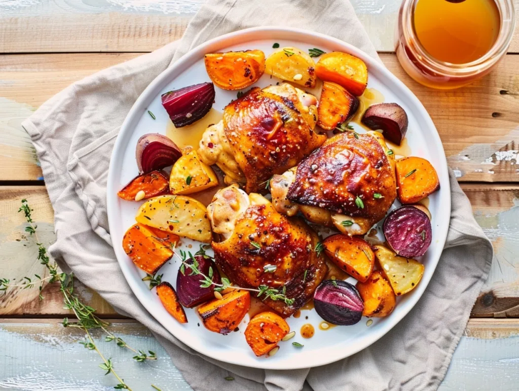 2-Ingredient Apple Cider Glazed Chicken Thighs (High-Protein & Easy) 3 Apple cider glazed chicken thighs with roasted vegetables on a rustic plate